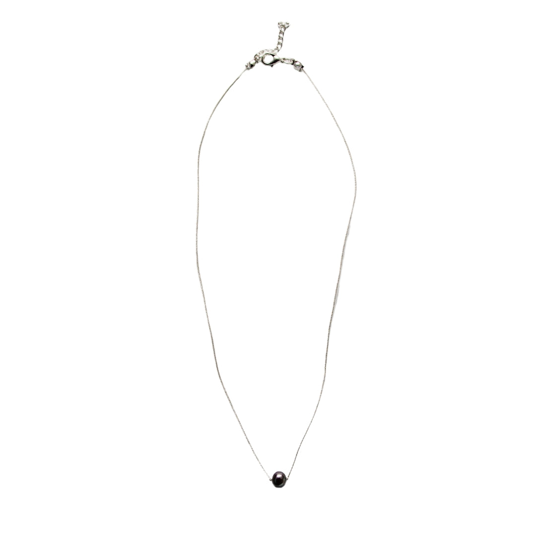 Black Freshwater Pearl on Silk Thread Necklace - Silver Tone