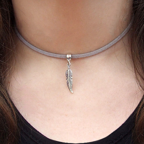 Feather Suede Choker Necklace - Variety of Colours