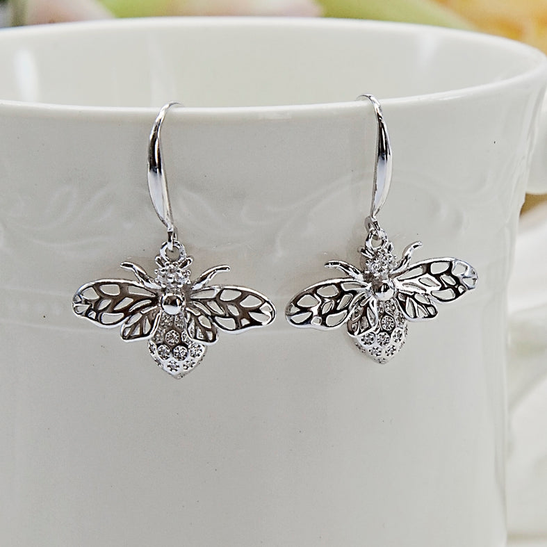 Intricate Bee Sterling Silver Earrings with Cubic Zirconia Detail