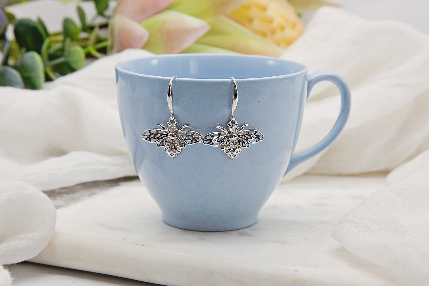 Intricate Bee Sterling Silver Earrings with Cubic Zirconia Detail