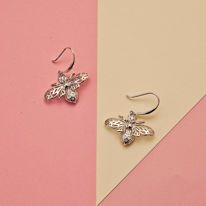 Intricate Bee Sterling Silver Earrings with Cubic Zirconia Detail