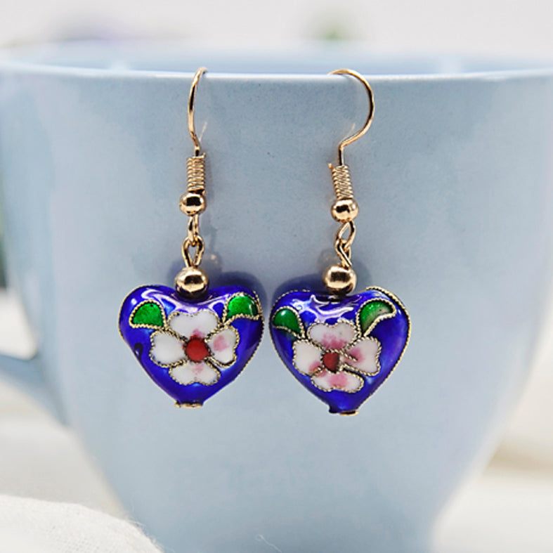 Blue Heart Cloisonné Bead Earrings