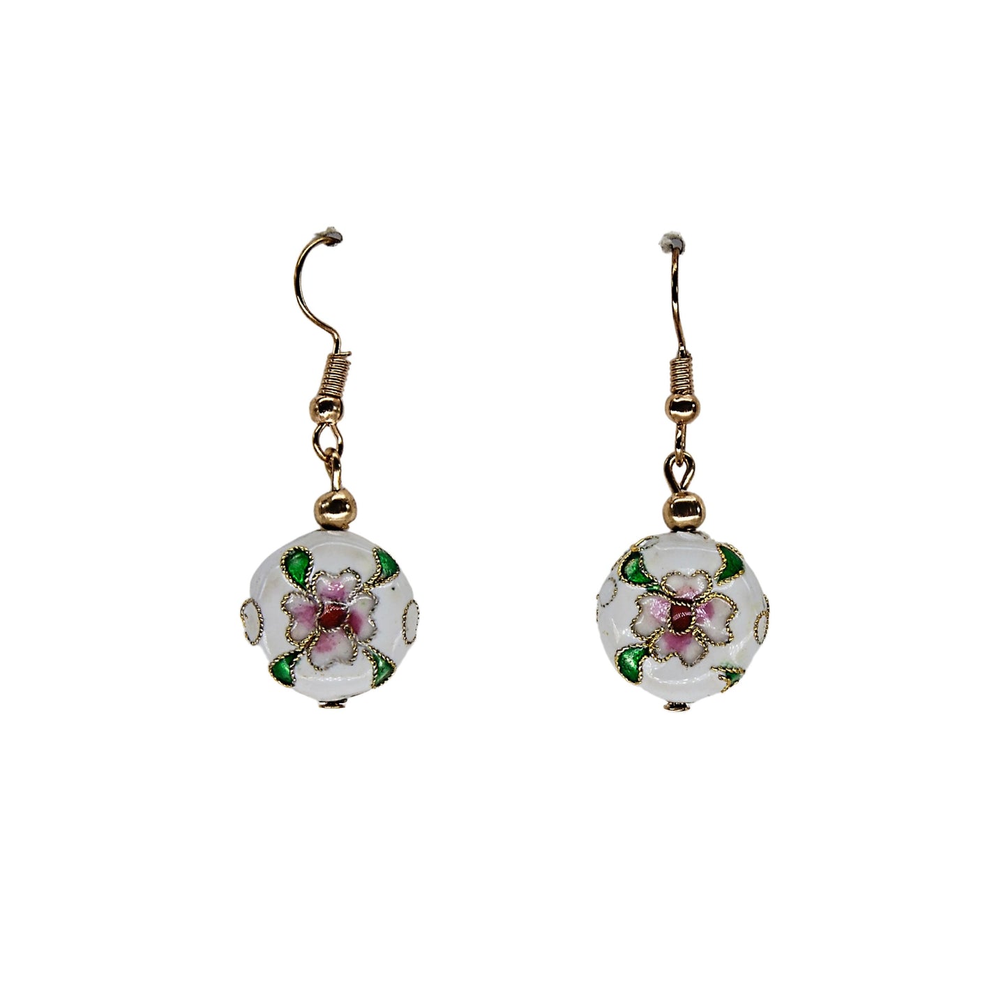 White Round Cloisonné Bead Earrings