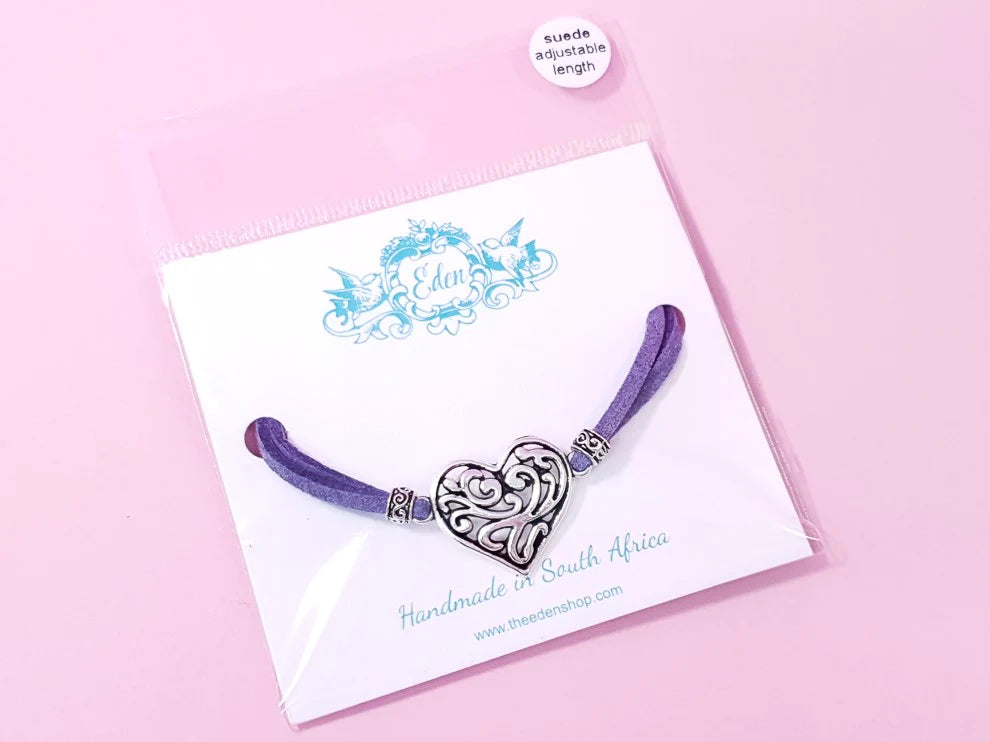 Filigree Heart Suede Bracelet - Variety of Colours