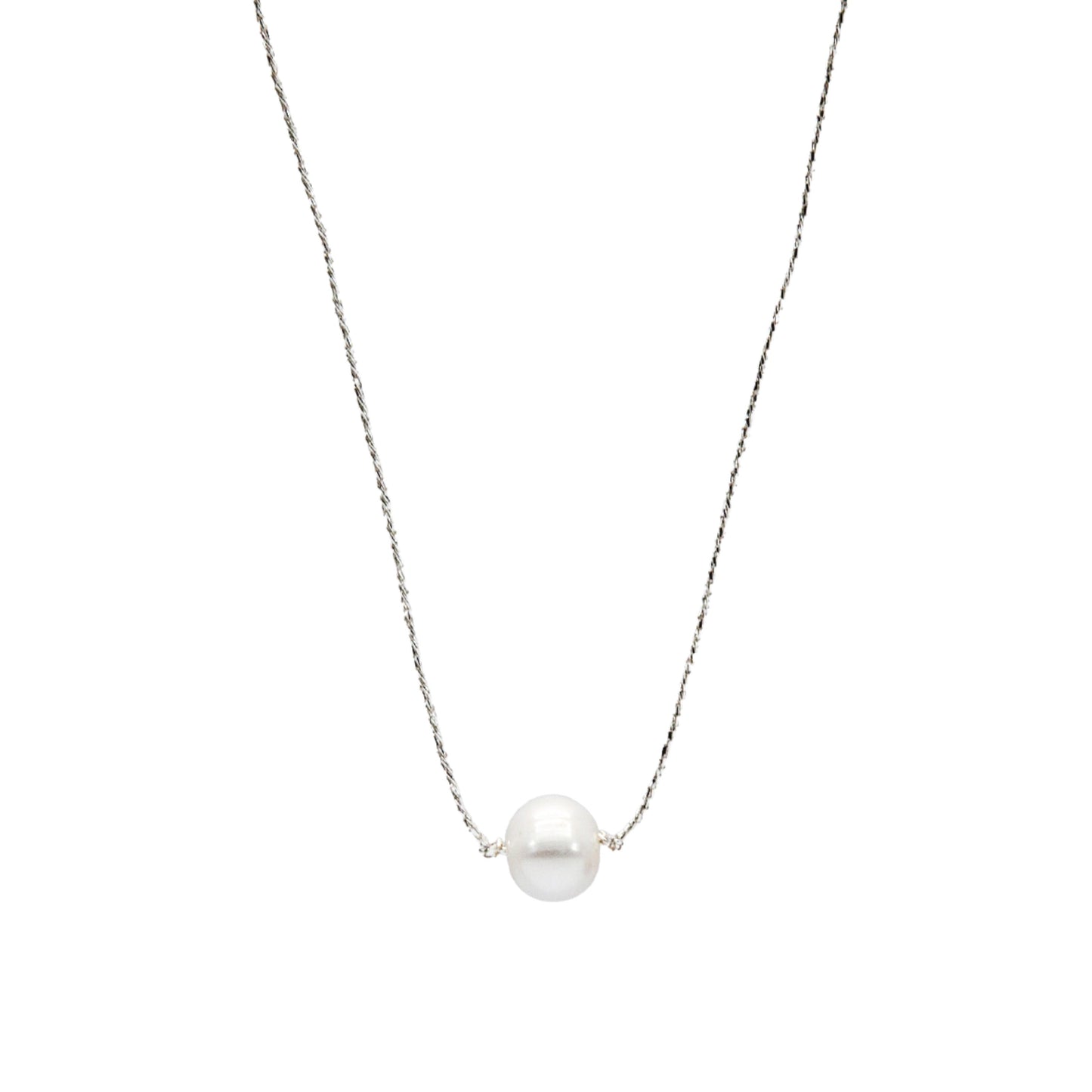 Freshwater Pearl on Silk Thread Necklace - Silver Tone