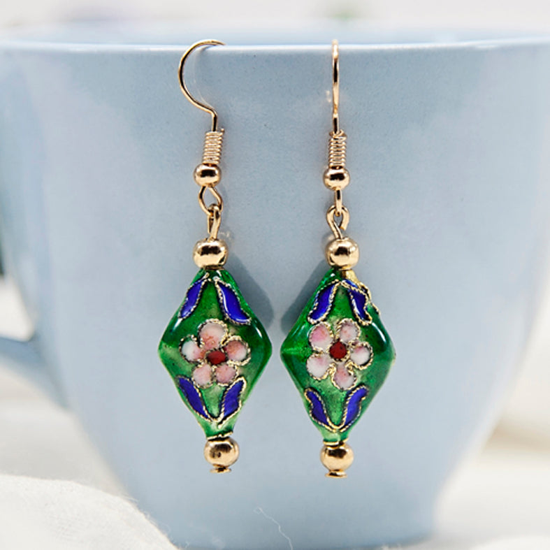 Green Cloisonné Bead Earrings