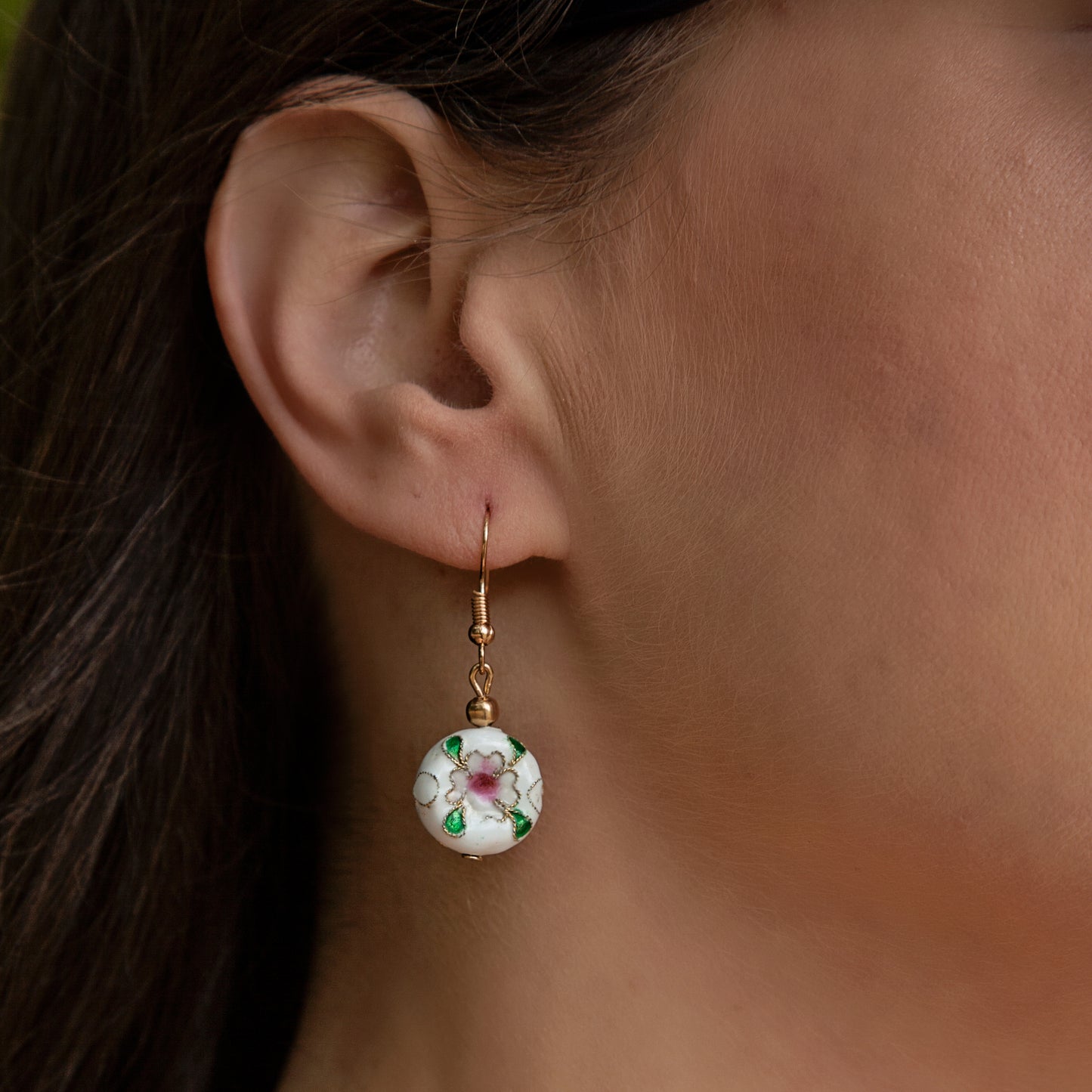 White Round Cloisonné Bead Earrings