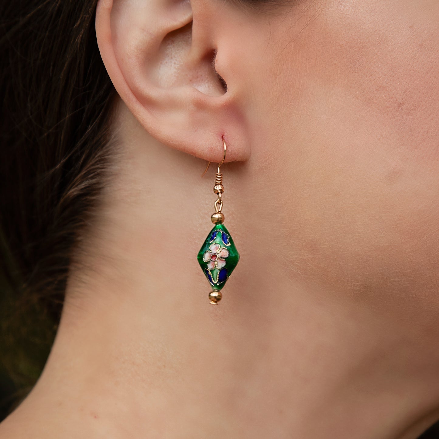 Green Cloisonné Bead Earrings