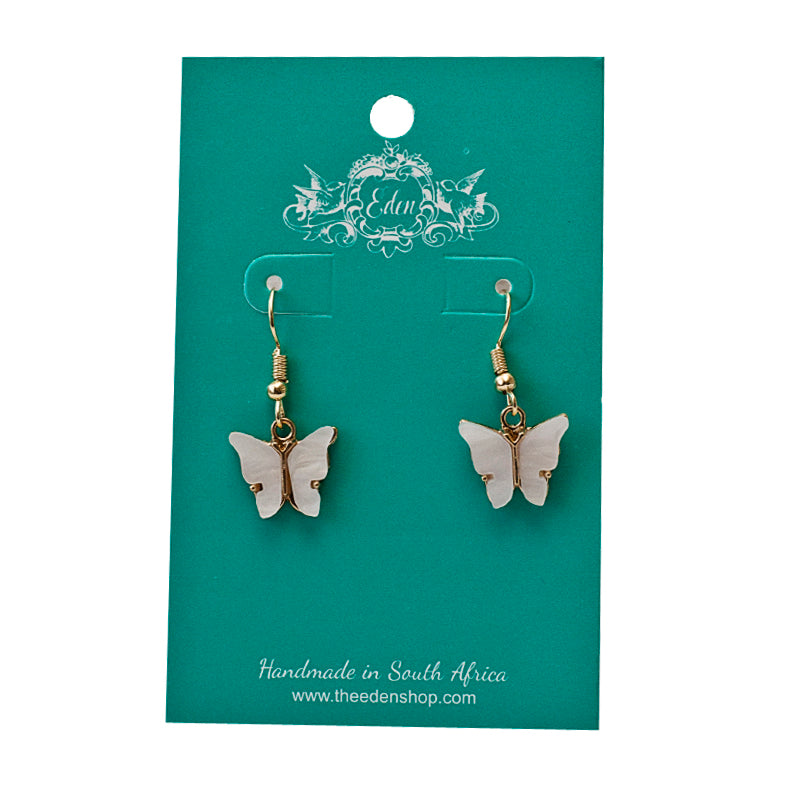 Gold Butterfly Earrings in Pearlescent White