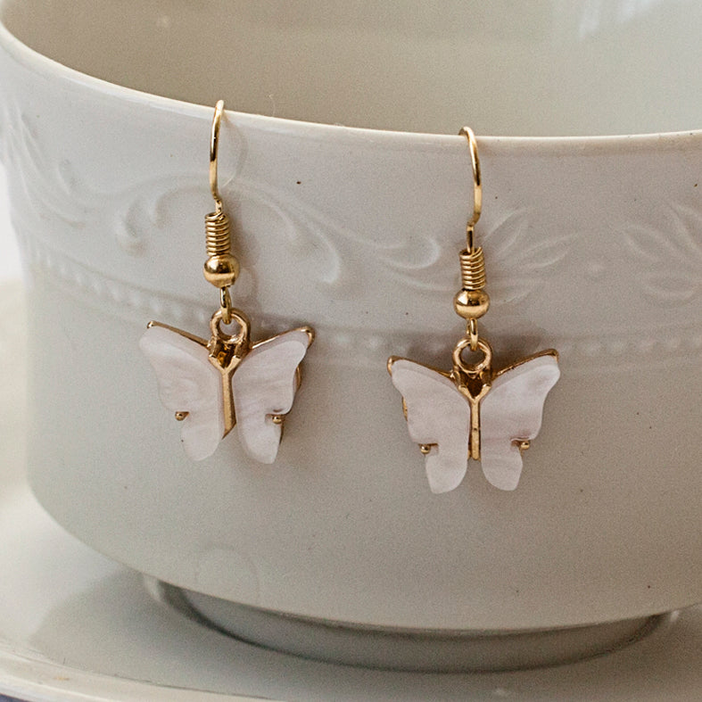 Gold Butterfly Earrings in Pearlescent White