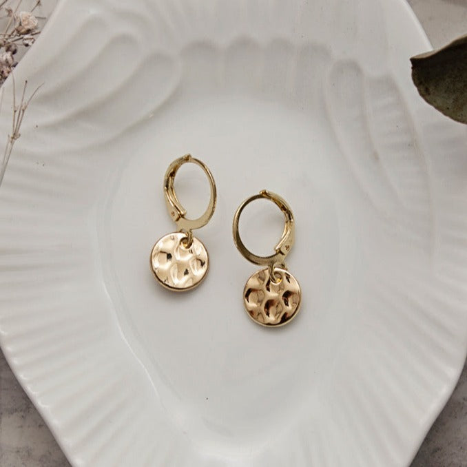 Small Gold Battered Circle Earrings
