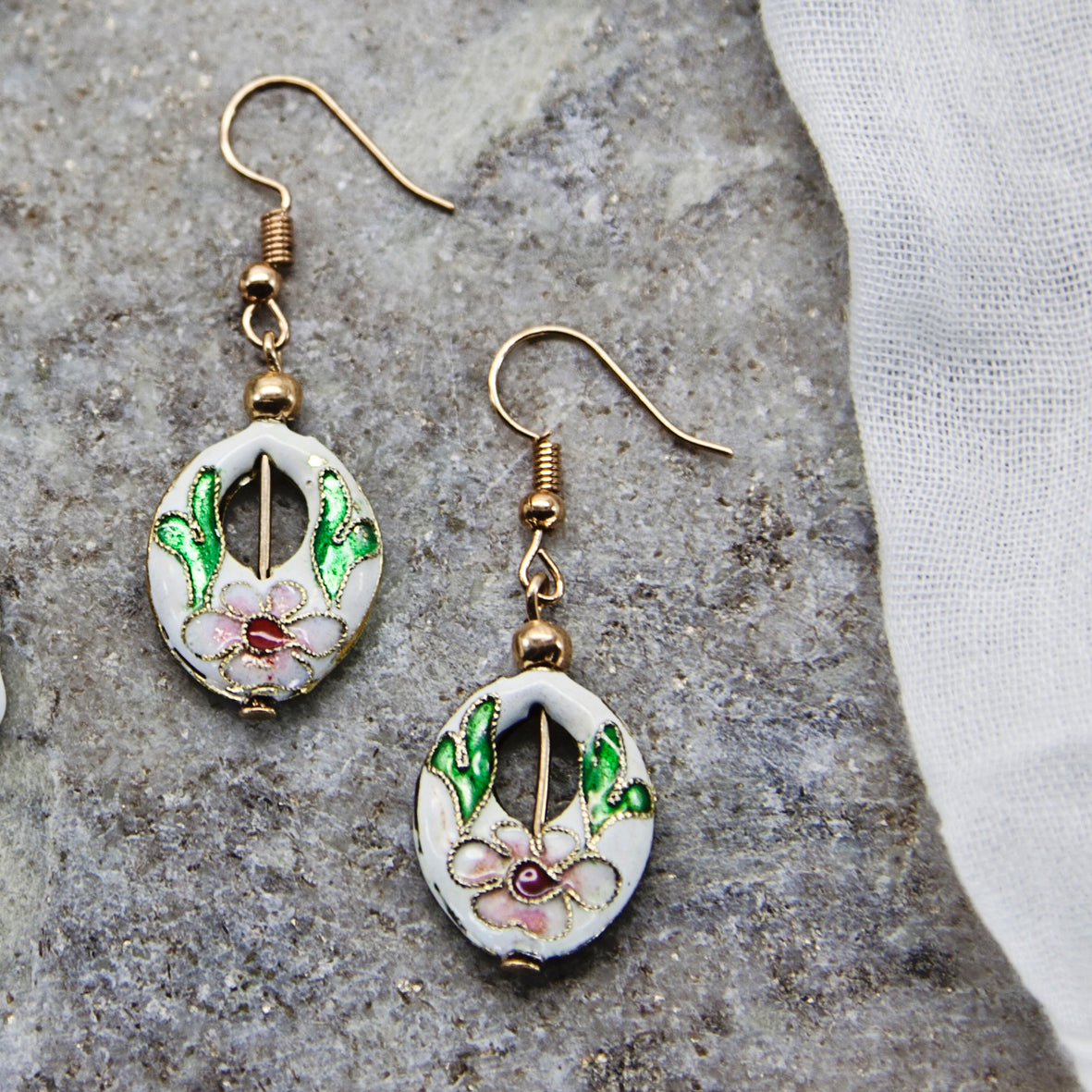 White Oval Cloisonné Bead Earrings
