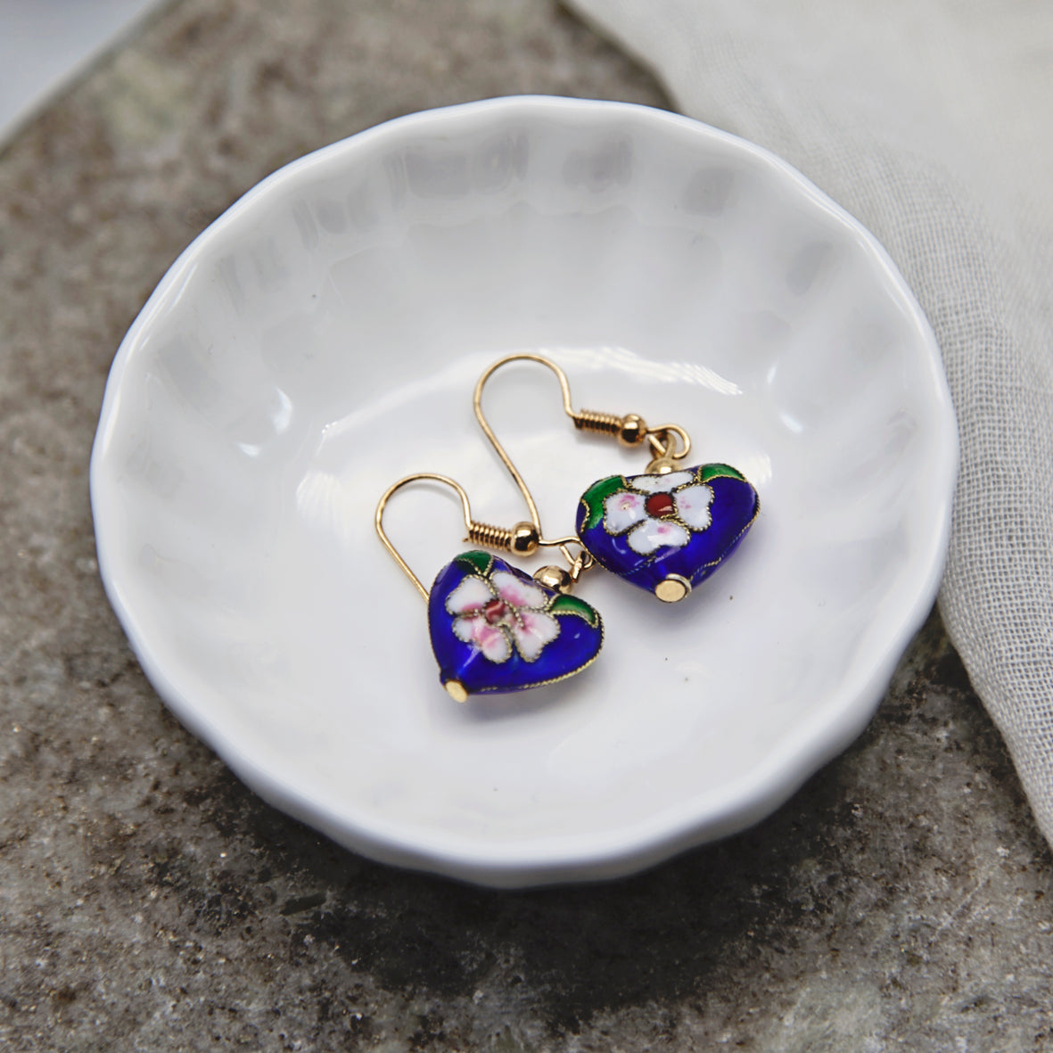 Blue Heart Cloisonné Bead Earrings