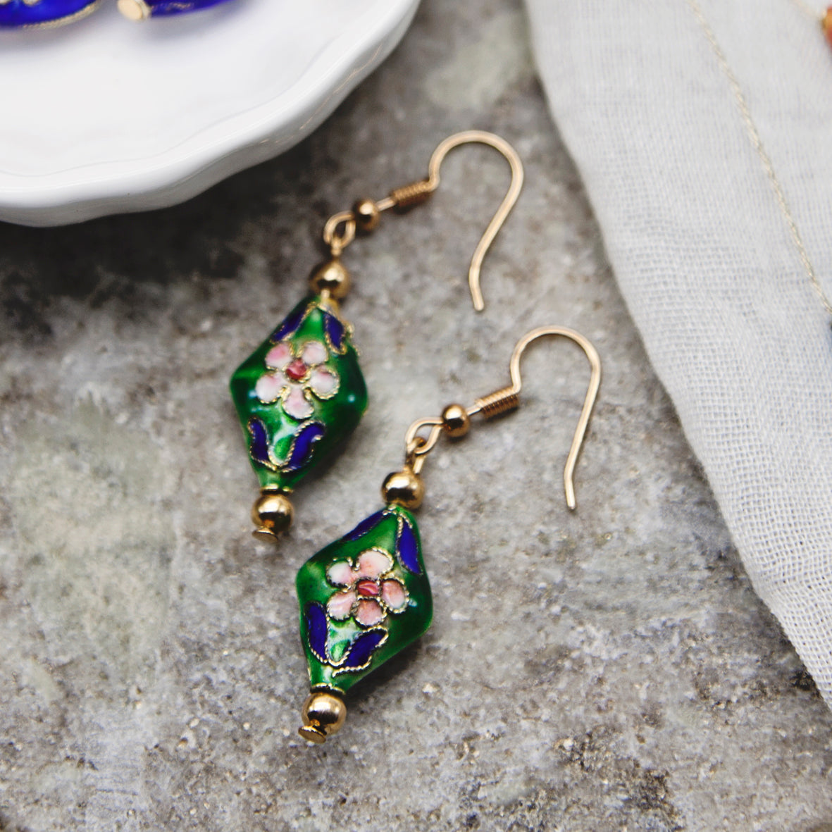 Green Cloisonné Bead Earrings