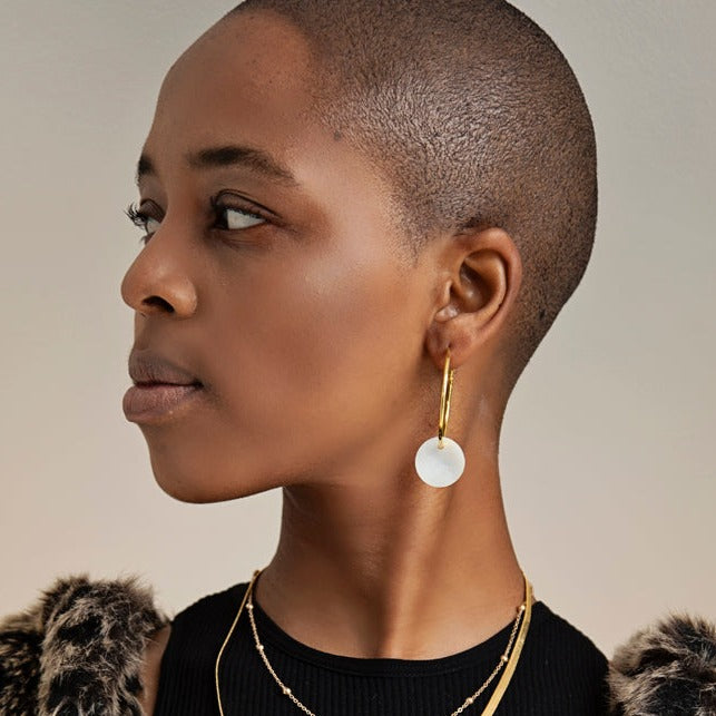 Gold Hoop Earrings with Mother of Pearl Shell Discs