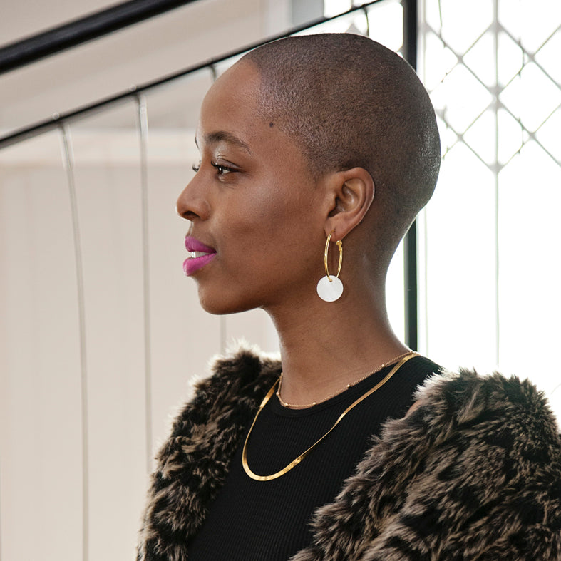 Gold Hoop Earrings with Mother of Pearl Shell Discs