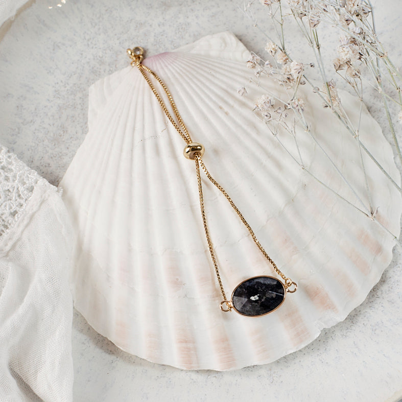 Dark Labradorite Stone Adjustable Bracelet - Gold