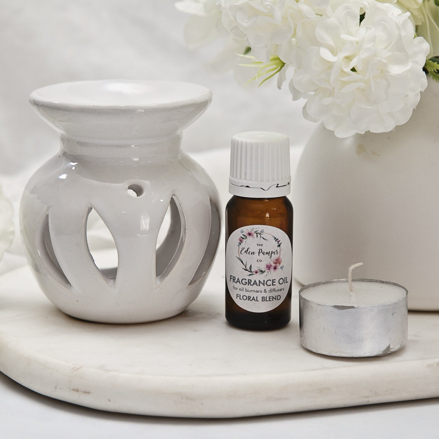 Oil Burner, Candle & Floral Blend Fragrance Oil Set