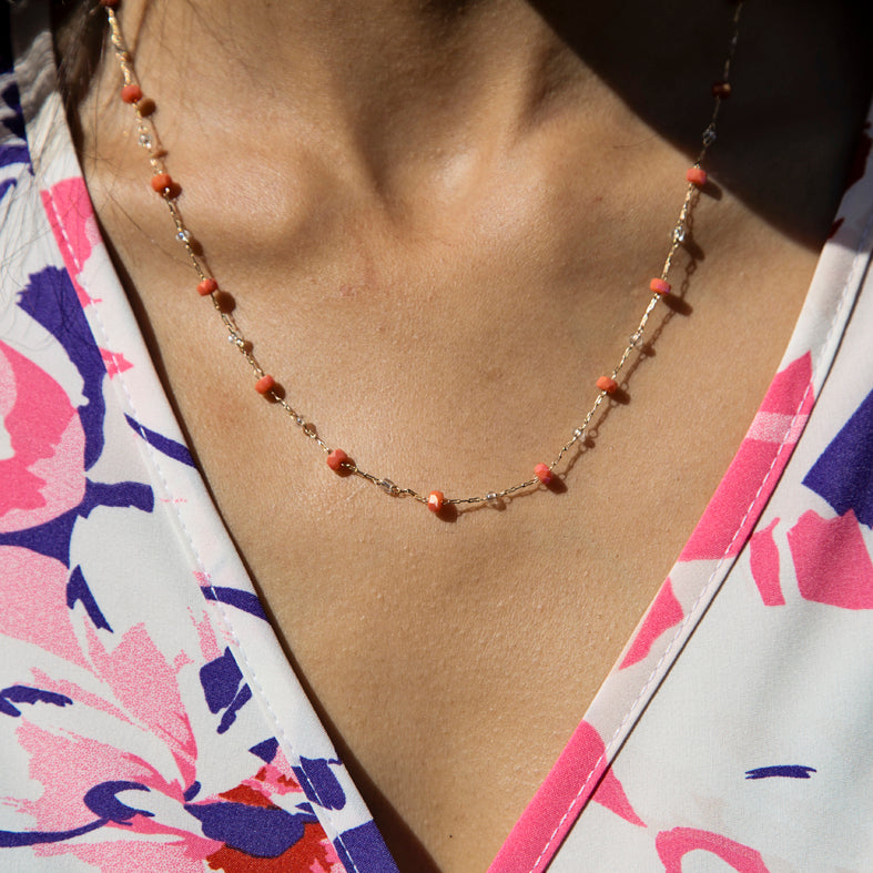 Delicate Gold Crystal Bead Necklace - Tangerine Orange