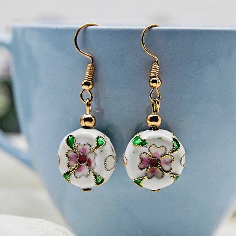 White Round Cloisonné Bead Earrings