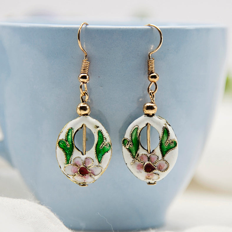White Oval Cloisonné Bead Earrings