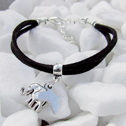 Suede bracelet Africa Elephant Pendant Charm Silver black