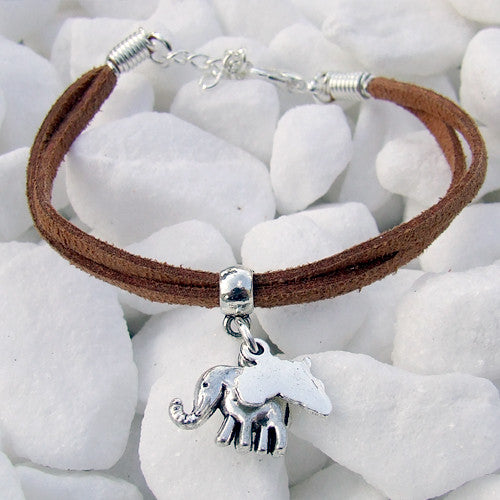 Suede bracelet Africa Elephant Pendant Charm Silver brown