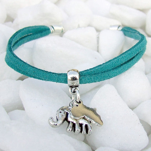 Suede bracelet Africa elephant pendant charm silver teal