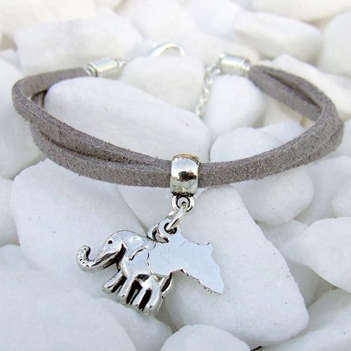 Suede bracelet Africa elephant pendant charm silver grey