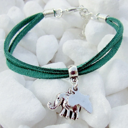 Suede bracelet Africa elephant pendant charm silver green