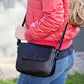 Black Genuine Leather Fold-over Flap Sling Handbag