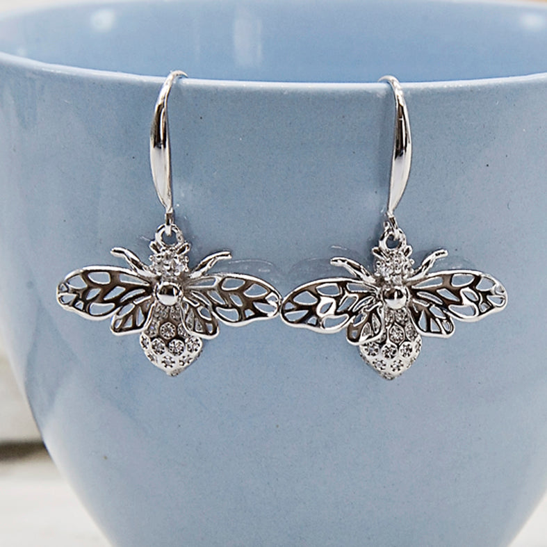 Intricate Bee Sterling Silver Earrings with Cubic Zirconia Detail