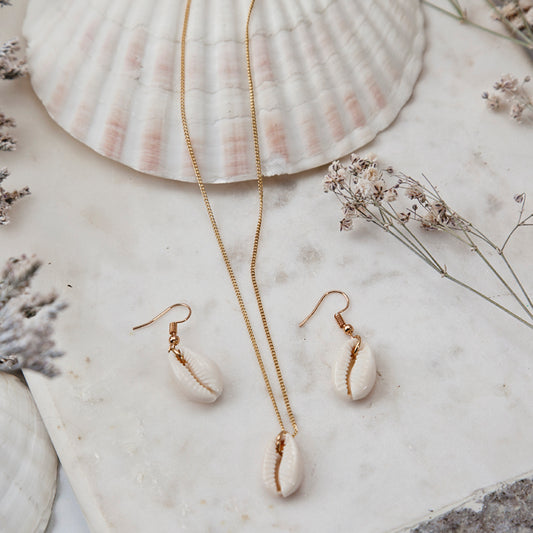 Gold Cowrie Shell Necklace & Earrings Set