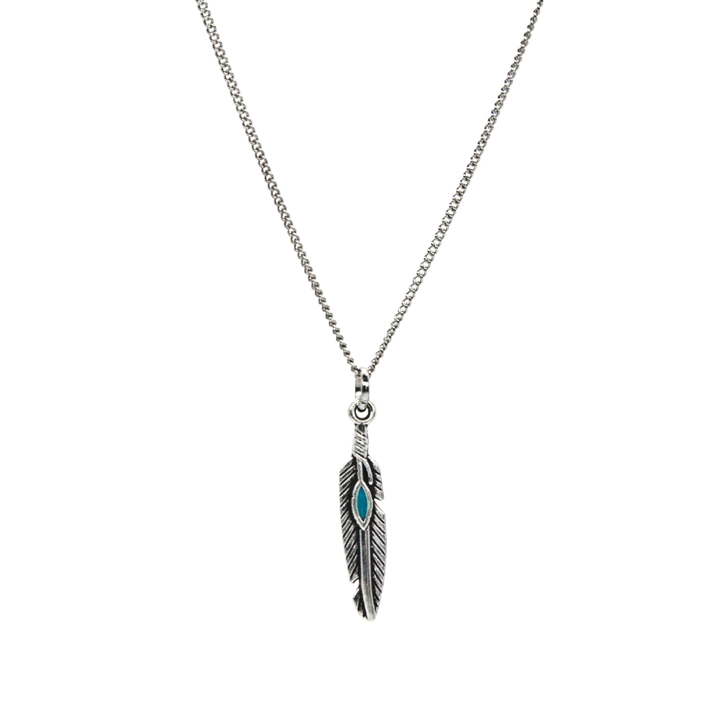 Silver Feather with Turquoise Inlay Necklace - Adjustable Length