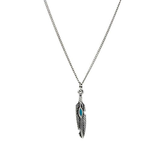 Silver Feather with Turquoise Inlay Necklace - Adjustable Length