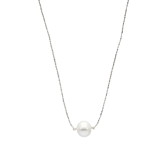 Freshwater Pearl on Silk Thread Necklace - Silver Tone