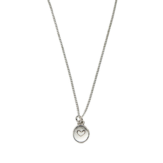 Silver Heart Imprint on Small Disc Necklace - Adjustable Length