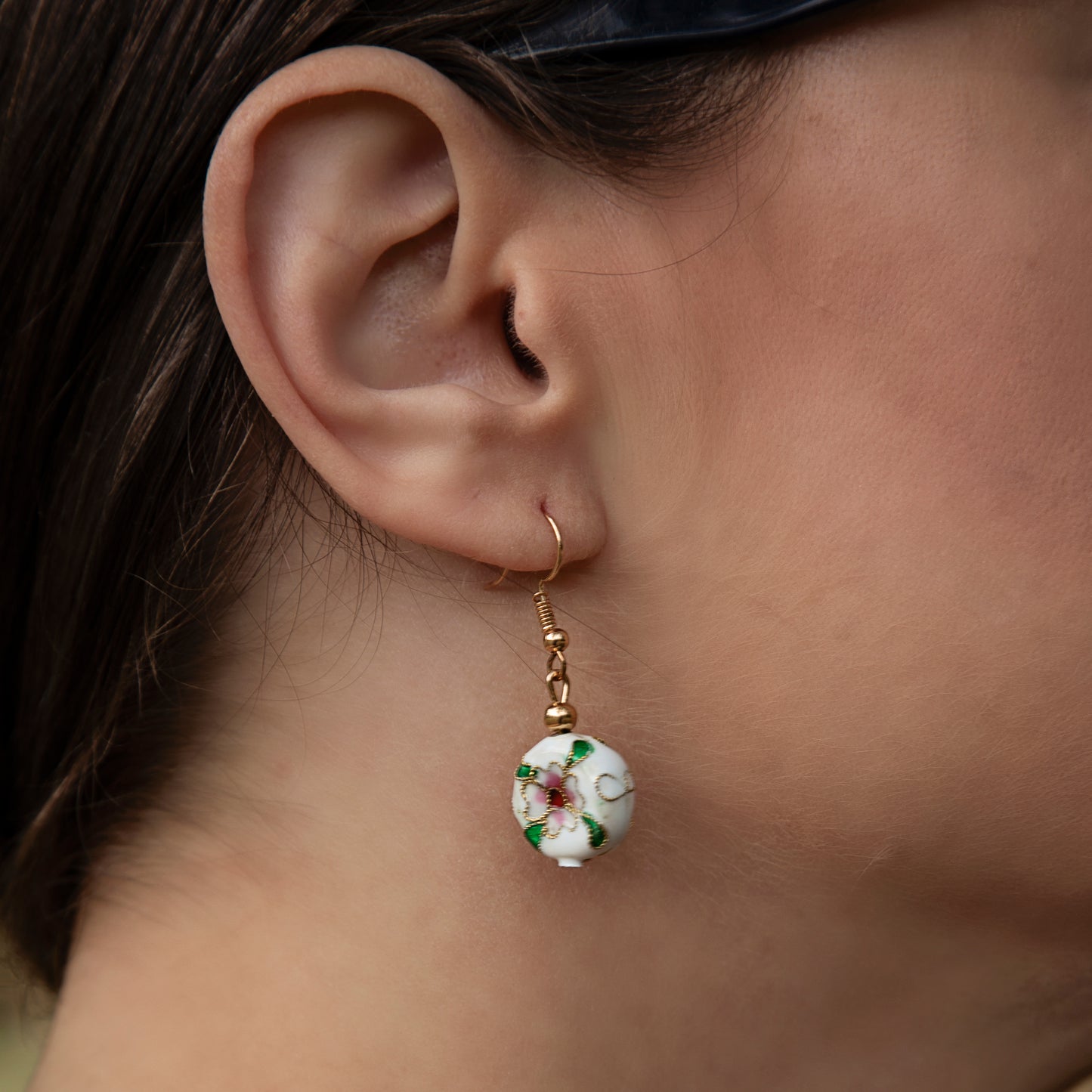 White Round Cloisonné Bead Earrings