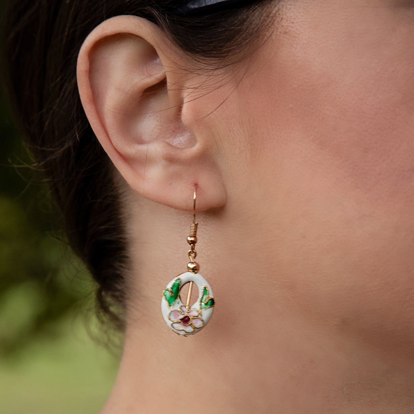 White Oval Cloisonné Bead Earrings