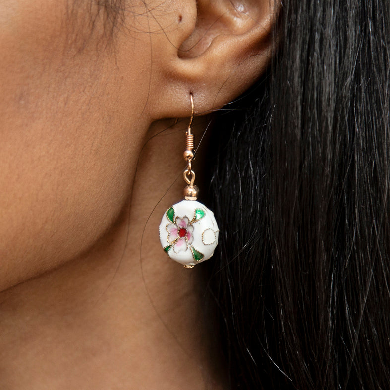 White Round Cloisonné Bead Earrings