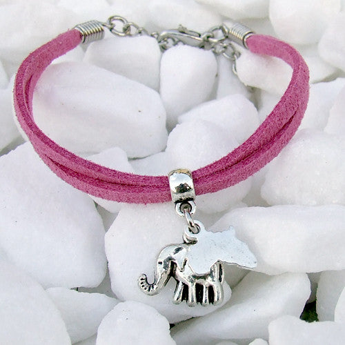 Suede bracelet Africa elephant pendant charm silver pink